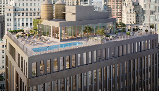 exterior view of rooftop pool and lounge area at luxury apartment building